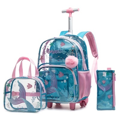 Conjunto escolar com padrão de caudas de sereia em rosa e azul