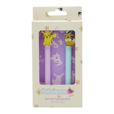 Conjunto de 2 canetas com personagens Pokémon em caixa decorada