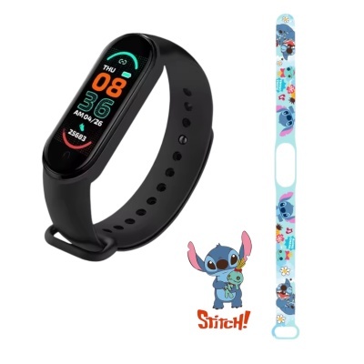 Smartwatch preto com ecrã colorido e pulseira decorada com o personagem Stitch