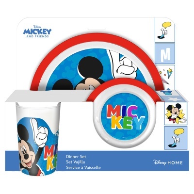 Conjunto de jantar Mickey Mouse com prato, copo e prato pequeno em azul e vermelho