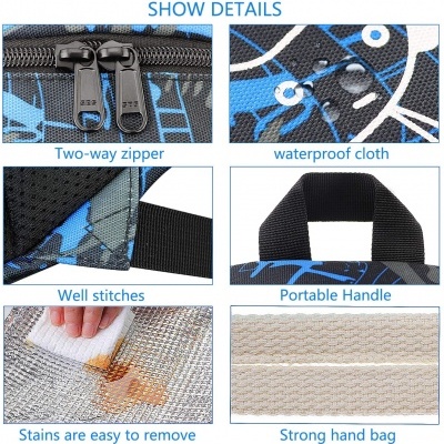 Detalhes da mala azul impermeável com fecho bidirectional e alça portátil