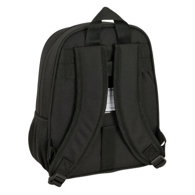 Mochila preta vista de trás com alças acolchoadas e bolsos laterais de rede
