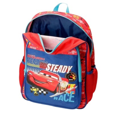 Mochila infantil com estampado do carro Lightning McQueen e texto 'READY STEADY RACE'