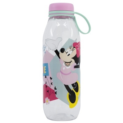 Garrafa de plástico transparente com tampa rosa e pega verde com personagem Minnie Mouse