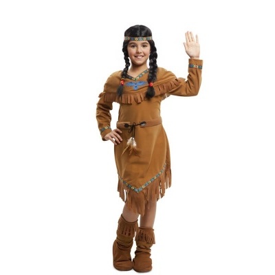 Criança com fato castanho de indiana com franjas e acessórios coloridos