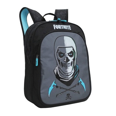 Mochila preta e cinza com alças azuis e estampa de caveira Fortnite