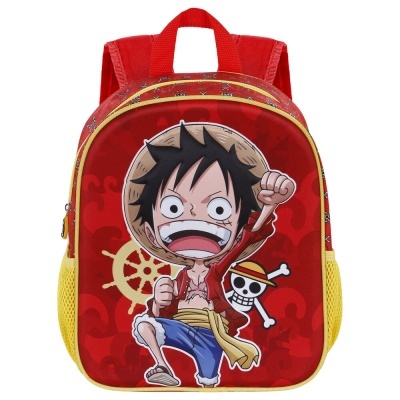 mochila infantil vermelha e amarela com personagem anime e caveira branca