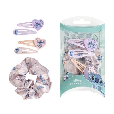 Conjunto Disney Classics de elástico e molas para cabelo com personagem Stitch em embalagem plástica