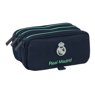 Estojo escolar azul escuro com detalhes verdes e logotipo do Real Madrid