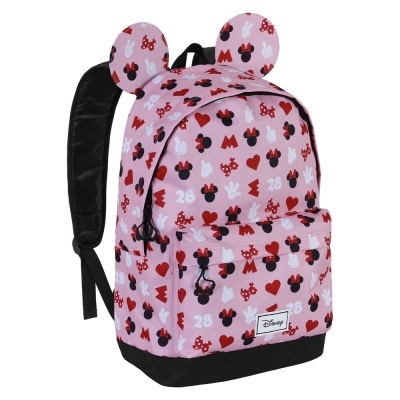 Mochila rosa com padrão da Minnie, orelhas e etiqueta Disney
