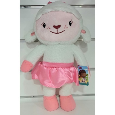 Pelúcia de ovelha branca de vestido rosa com etiqueta colorida