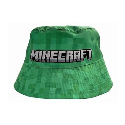 Chapéu tipo pescador verde com padrão pixelado e logo MINECRAFT
