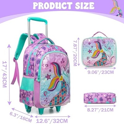 Mochila de rodas infantil com padrão de cauda de sereia e estrelas, estojo e bolsa correspondentes