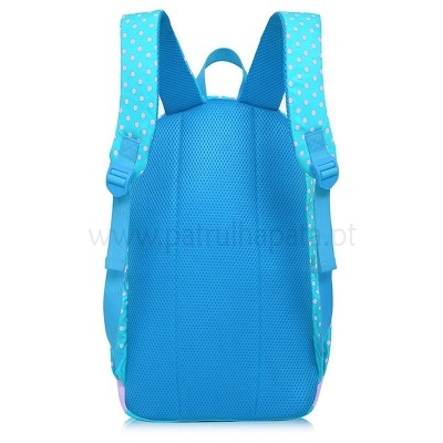Mochila azul com alças almofadadas e padrão de bolinhas