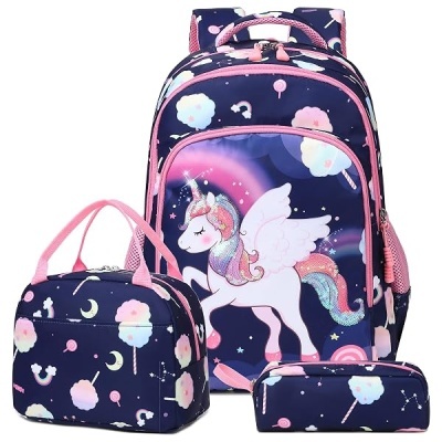 Conjunto de mochila, mala e estojo com padrão de unicórnio, algodão doce, estrelas e lollipops
