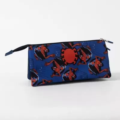 Estojo azul com padrão do Spider-Man em vermelho e preto