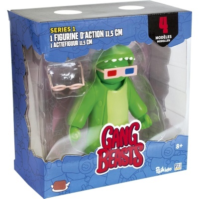 Caixa de brinquedo azul com figurina verde Gang Beasts com óculos 3D