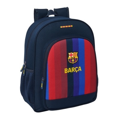 Mochila azul do FC Barcelona com riscas vermelhas e azuis e bolso em rede