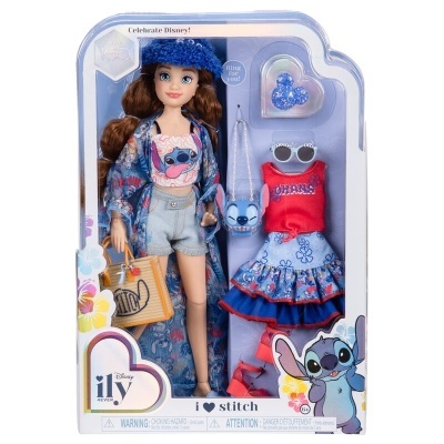 Boneca Disney ILY Stitch com roupa casual e acessórios em embalagem colorida