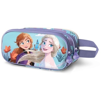 Estojo com desenho dos personagens Anna e Elsa do Frozen, cor azul e alça lateral roxa