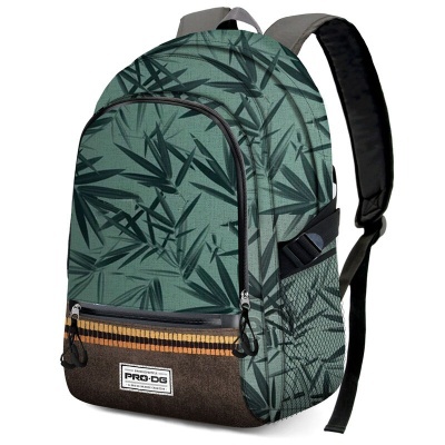 Mochila verde com padrão de folhas e alças pretas