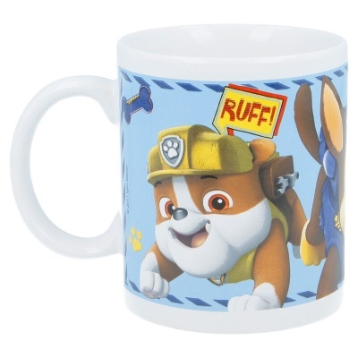 Caneca branca de cerâmica com estampa colorida de personagem de cão de desenho animado com texto 'RUFF!'