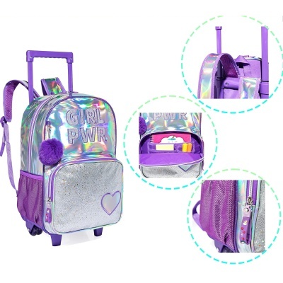 Mochila escolar roxa holográfica com texto GIRL PWR e carrinho retrátil