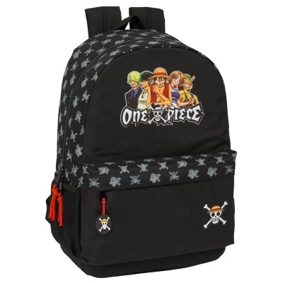 Mochila preta One Piece com padrão de caveiras e personagens da série