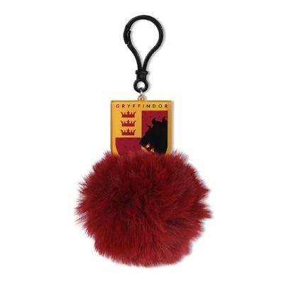 Chaveiro de pelúcia vermelho com placa do brasão Gryffindor e gancho preto