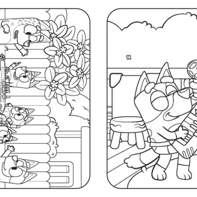Desenhos a preto e branco para colorir com cães animados e elementos de jardim e música.