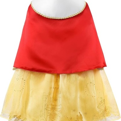 Vestido infantil Branca de Neve com capa vermelha e saia amarela com tule