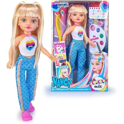 Boneca loira com roupa azul e branca junto a caixa do produto com pente e tintas coloridas