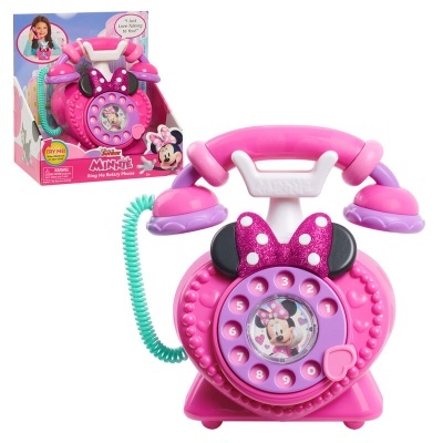 Telefone de brinquedo infantil rosa com imagem da Minnie e botão giratório com números.