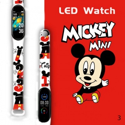 Relógio digital LED com tema Mickey Mouse e Minnie em fundo vermelho