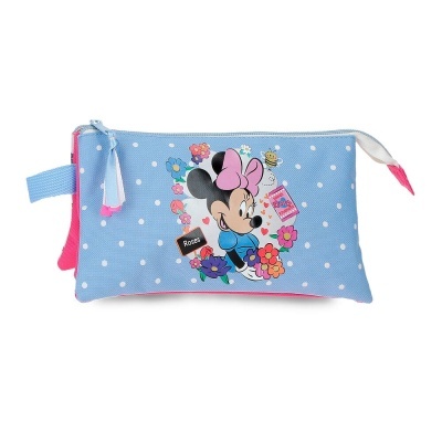 Estojo azul com bolinhas brancas e imagem da Minnie Mouse com flores