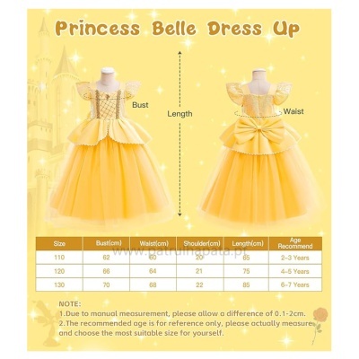 Vestido amarelo estilo Princesa Bela para crianças com tabela de tamanhos