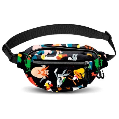 Pochete com padrão colorido de personagens animados em fundo preto