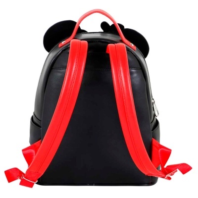 Mochila preta com alças vermelhas e detalhes em forma de orelhas