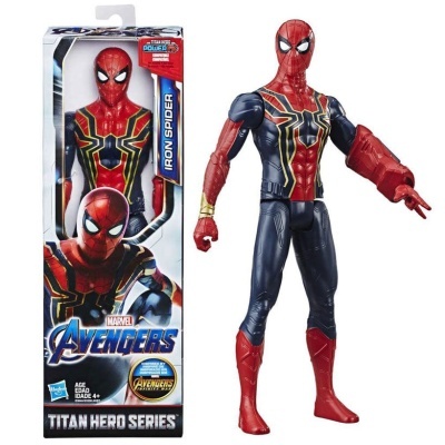 Boneco Iron Spider da Marvel Avengers em caixa e fora da embalagem.