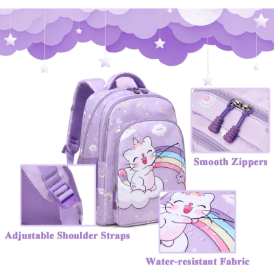 Mochila lilás infantil com unicórnio e arco-íris