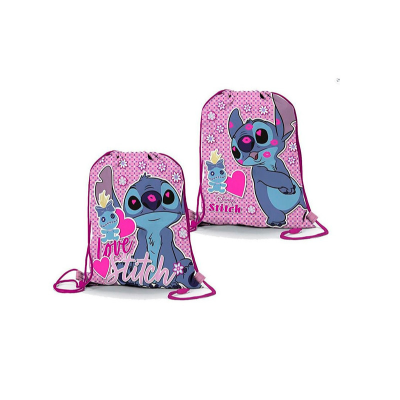 Mochilas saco cor-de-rosa com estampas do personagem Stitch e texto Love Stitch