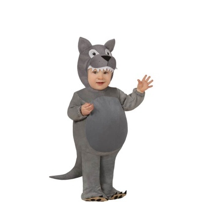 Fato infantil de lobo cinzento com barriga clara e cauda