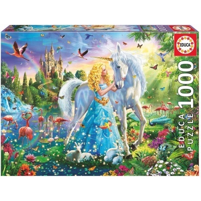 Caixa de puzzle EDUCA 1000 peças com imagem de princesa e unicórnio em cenário de fantasia