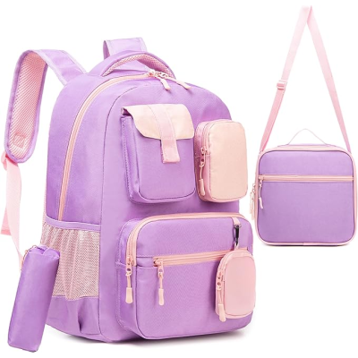 Conjunto lilás e rosa de mochila, bolsa e estojo com bolsos e fechos