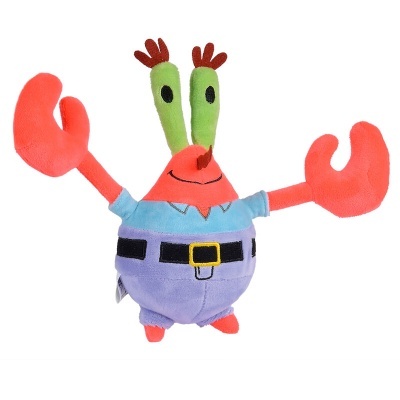 Boneco de peluche caranguejo colorido com roupa azul e lilás e grandes garras vermelhas