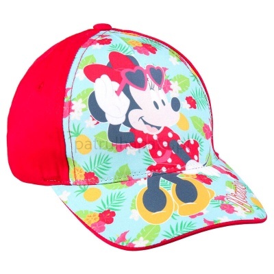 Boné infantil azul com padrão floral e estampa da Minnie Mouse em vermelho.