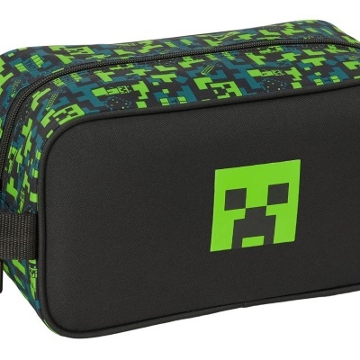 Estojo retangular preto com padrão pixelado verde e azul e etiqueta TNT