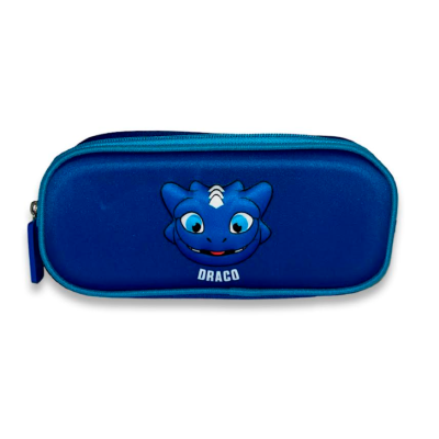 Estojo azul com rosto de dragão e texto DRACO