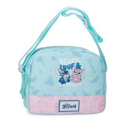 Mala pequena azul claro e rosa com personagem Stitch e texto decorativo.
