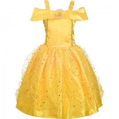 Vestido amarelo de criança com saia volumosa e detalhes brilhantes